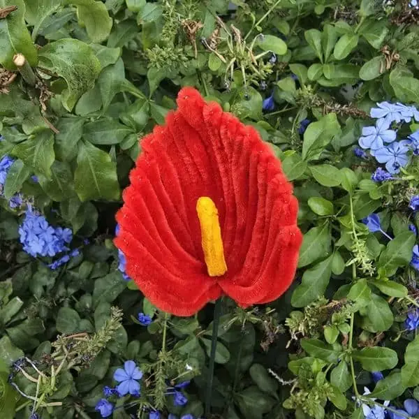 Flor artesanal tipo anturio rojo intenso con espádice amarillo