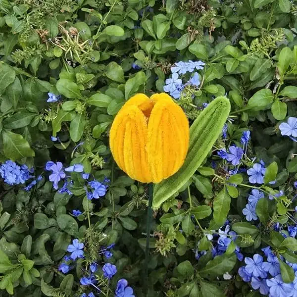 Tulipán artesanal amarillo dorado semi-cerrado con hoja verde