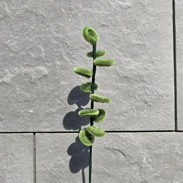 Vara artesanal de hojas redondas tipo eucalipto en verde limón con tallos oscuros
